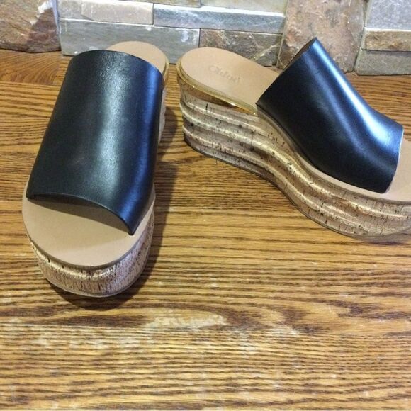 CHLOE Black Leather Platform Wedge Slide Sandals - Picture 2 of 10